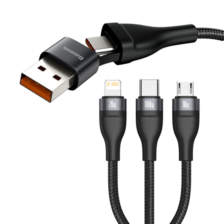 Baseus Flash Series 100W USB-A + USB-C / Type-C to USB-C / Type-C + 8 Pin + Micro USB Two-for-three Data Cable(Grey Black)