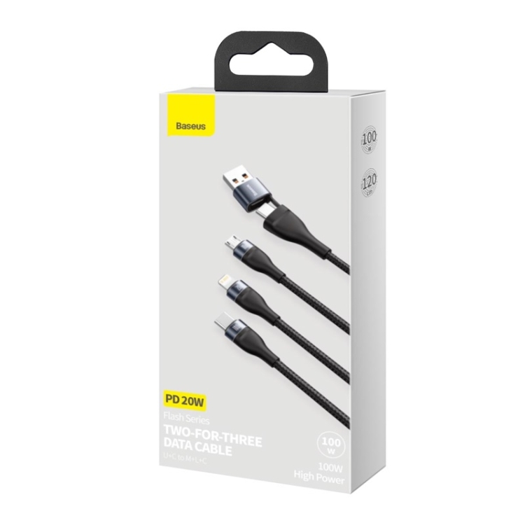 Baseus Flash Series 100W USB-A + USB-C / Type-C to USB-C / Type-C + 8 Pin + Micro USB Two-for-three Data Cable(Grey Black)