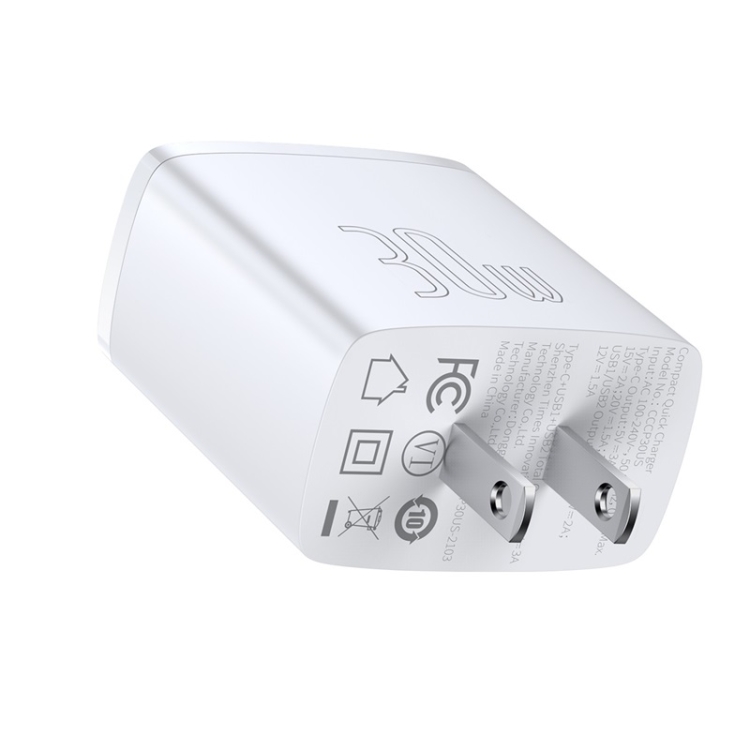 Baseus Compact 30W Dual USB + USB-C / Type-C Quick Charger, Plug Type:US Plug(White) Baseus Compact 30W Dual USB + USB-C / Type-C Quick Charger, Plug Type:US Plug(White)