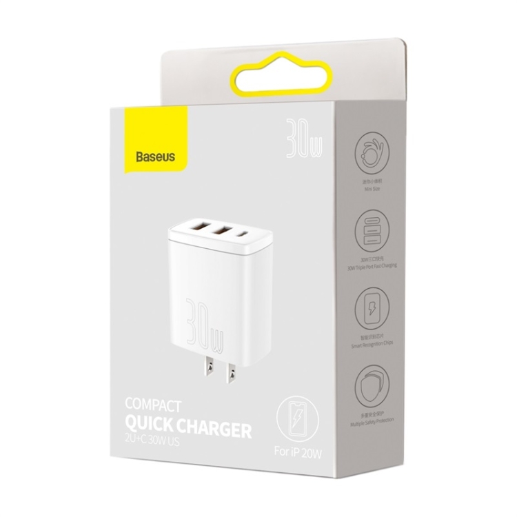 Baseus Compact 30W Dual USB + USB-C / Type-C Quick Charger, Plug Type:US Plug(White) Baseus Compact 30W Dual USB + USB-C / Type-C Quick Charger, Plug Type:US Plug(White)