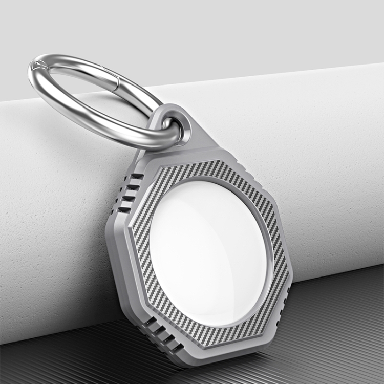 Octagonal Style Anti-scratch Shockproof Carbon Fiber TPU Case with Keychain Ring Loop For AirTag(Grey)