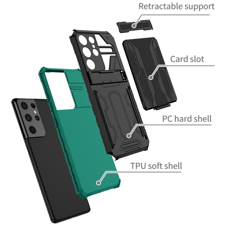 For Samsung Galaxy S21 5G Armor Card PC + TPU Shockproof Case with Card Slot & Invisible Holder(Dark Green) For Samsung Galaxy S21 5G Armor Card PC + TPU Shockproof Case with Card Slot & Invisible Holder(Dark Green)