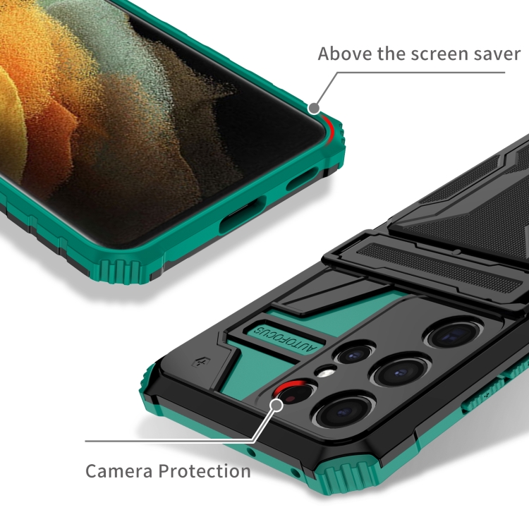 For Samsung Galaxy S21 5G Armor Card PC + TPU Shockproof Case with Card Slot & Invisible Holder(Dark Green) For Samsung Galaxy S21 5G Armor Card PC + TPU Shockproof Case with Card Slot & Invisible Holder(Dark Green)