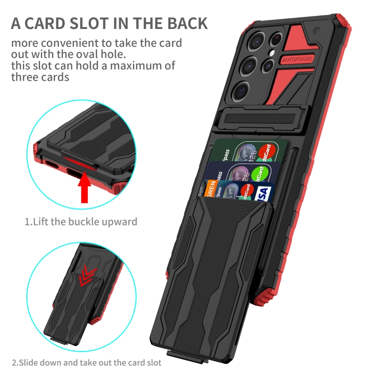 For Samsung Galaxy S21 Ultra 5G Armor Card PC + TPU Shockproof Case with Card Slot & Invisible Holder(Red) For Samsung Galaxy S21 Ultra 5G Armor Card PC + TPU Shockproof Case with Card Slot & Invisible Holder(Red)