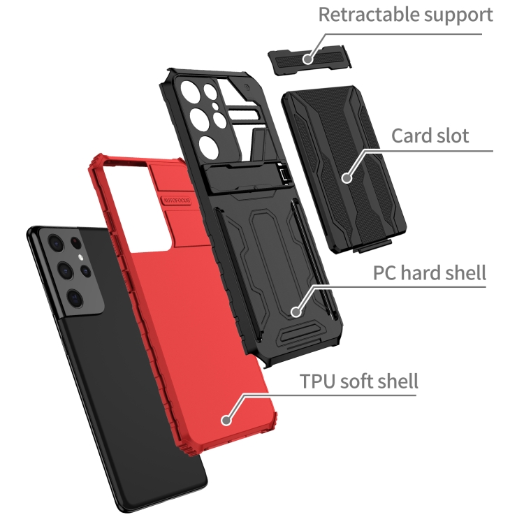 For Samsung Galaxy S21 Ultra 5G Armor Card PC + TPU Shockproof Case with Card Slot & Invisible Holder(Red) For Samsung Galaxy S21 Ultra 5G Armor Card PC + TPU Shockproof Case with Card Slot & Invisible Holder(Red)