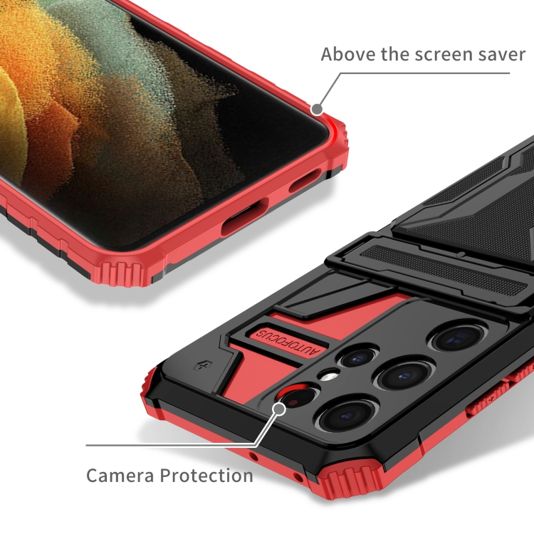 For Samsung Galaxy S21 Ultra 5G Armor Card PC + TPU Shockproof Case with Card Slot & Invisible Holder(Red) For Samsung Galaxy S21 Ultra 5G Armor Card PC + TPU Shockproof Case with Card Slot & Invisible Holder(Red)