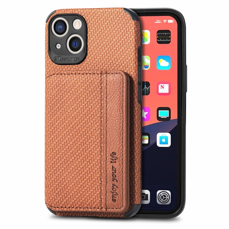 For iPhone 13 mini Carbon Fiber Magnetic Card Bag TPU+PU Shockproof Back Cover Case with Holder & Card Slot & Photo Frame (Brown)