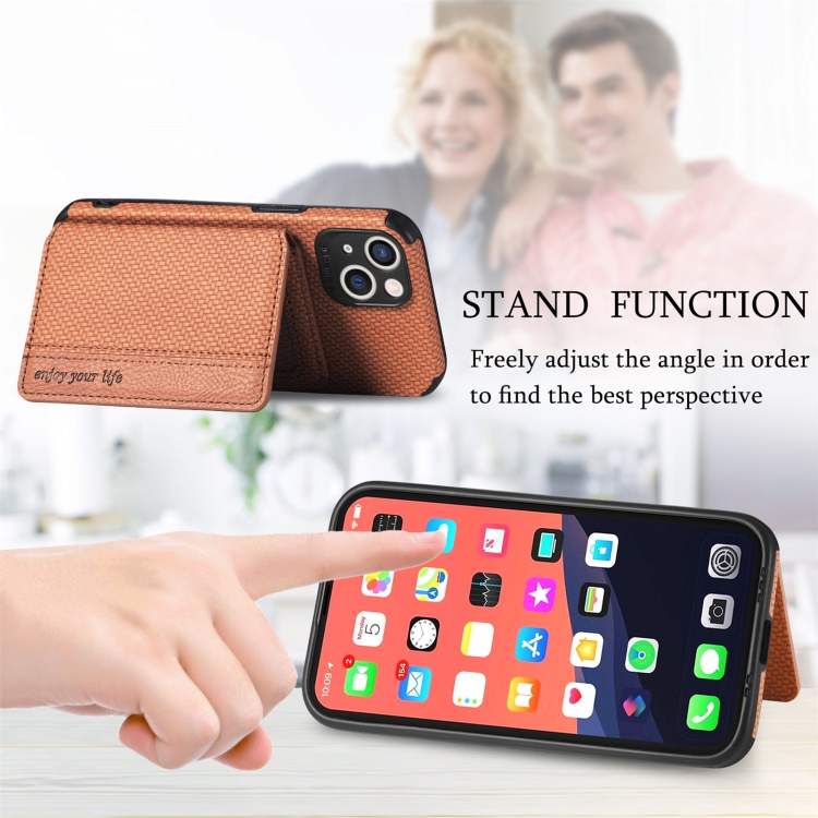 For iPhone 13 mini Carbon Fiber Magnetic Card Bag TPU+PU Shockproof Back Cover Case with Holder & Card Slot & Photo Frame (Brown)