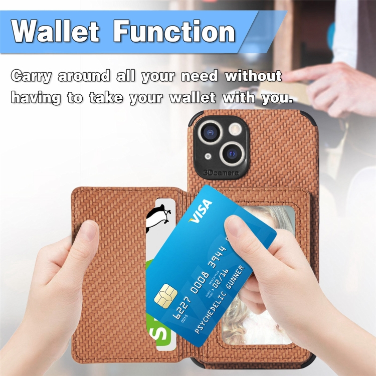 For iPhone 13 mini Carbon Fiber Magnetic Card Bag TPU+PU Shockproof Back Cover Case with Holder & Card Slot & Photo Frame (Brown)