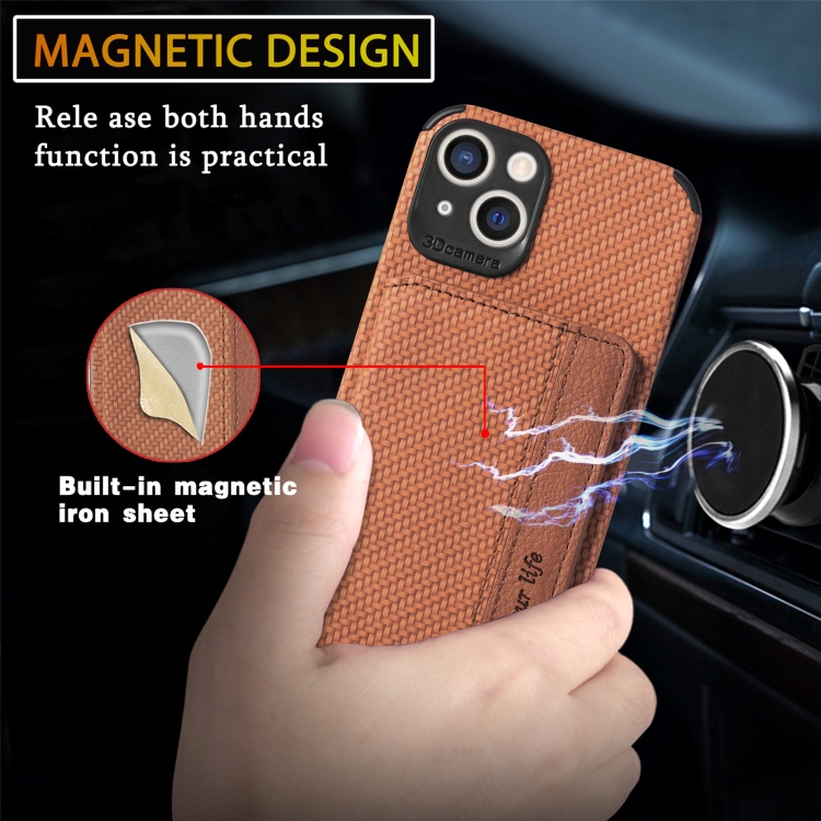 For iPhone 13 mini Carbon Fiber Magnetic Card Bag TPU+PU Shockproof Back Cover Case with Holder & Card Slot & Photo Frame (Brown)