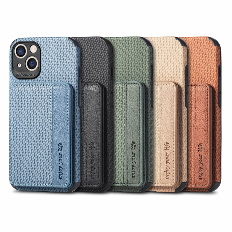 For iPhone 13 mini Carbon Fiber Magnetic Card Bag TPU+PU Shockproof Back Cover Case with Holder & Card Slot & Photo Frame (Brown)