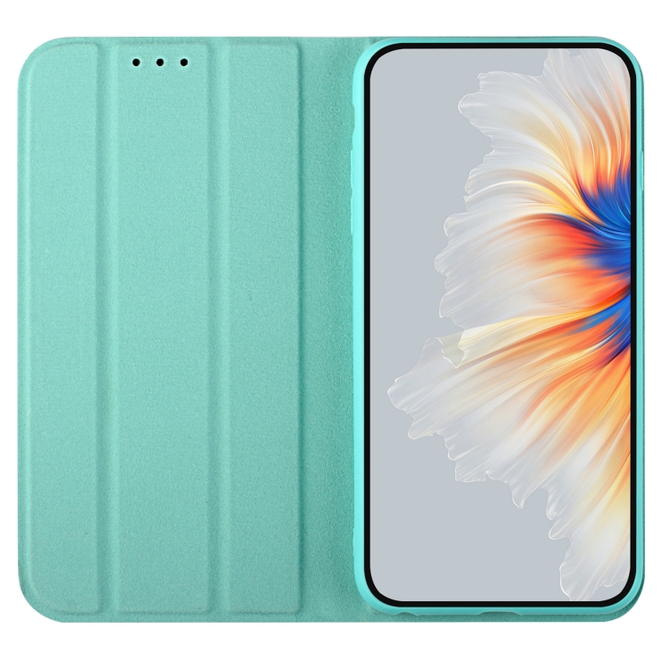 For Samsung Galaxy S21 5G 3-Folding Ultrathin Skin Feel Magnetic Solid Color Horizontal Flip Leather Case with Holder(Mint Green)