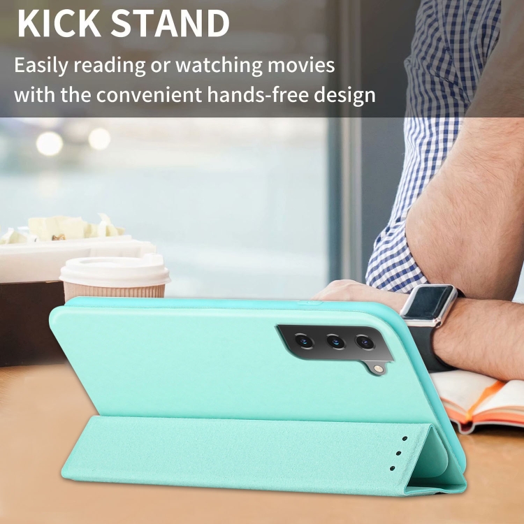 For Samsung Galaxy S21 5G 3-Folding Ultrathin Skin Feel Magnetic Solid Color Horizontal Flip Leather Case with Holder(Mint Green)