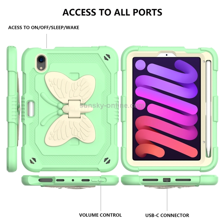 For iPad mini 6 / mini 2024 Beige PC + Silicone Anti-drop Protective Tablet Case with Butterfly Shape Holder & Pen Slot(Beige + Fresh Green) For iPad mini 6 / mini 2024 Beige PC + Silicone Anti-drop Protective Tablet Case with Butterfly Shape Holder & Pen Slot(Beige + Fresh Green)