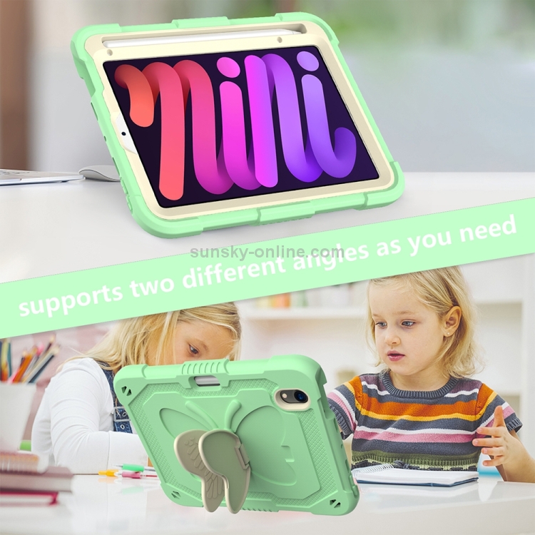 For iPad mini 6 / mini 2024 Beige PC + Silicone Anti-drop Protective Tablet Case with Butterfly Shape Holder & Pen Slot(Beige + Fresh Green) For iPad mini 6 / mini 2024 Beige PC + Silicone Anti-drop Protective Tablet Case with Butterfly Shape Holder & Pen Slot(Beige + Fresh Green)