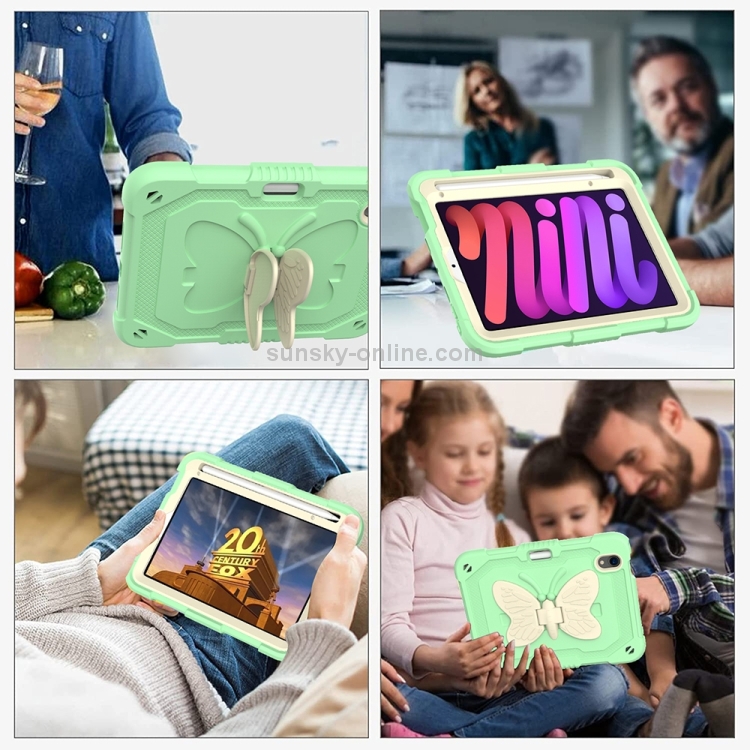 For iPad mini 6 / mini 2024 Beige PC + Silicone Anti-drop Protective Tablet Case with Butterfly Shape Holder & Pen Slot(Beige + Fresh Green) For iPad mini 6 / mini 2024 Beige PC + Silicone Anti-drop Protective Tablet Case with Butterfly Shape Holder & Pen Slot(Beige + Fresh Green)