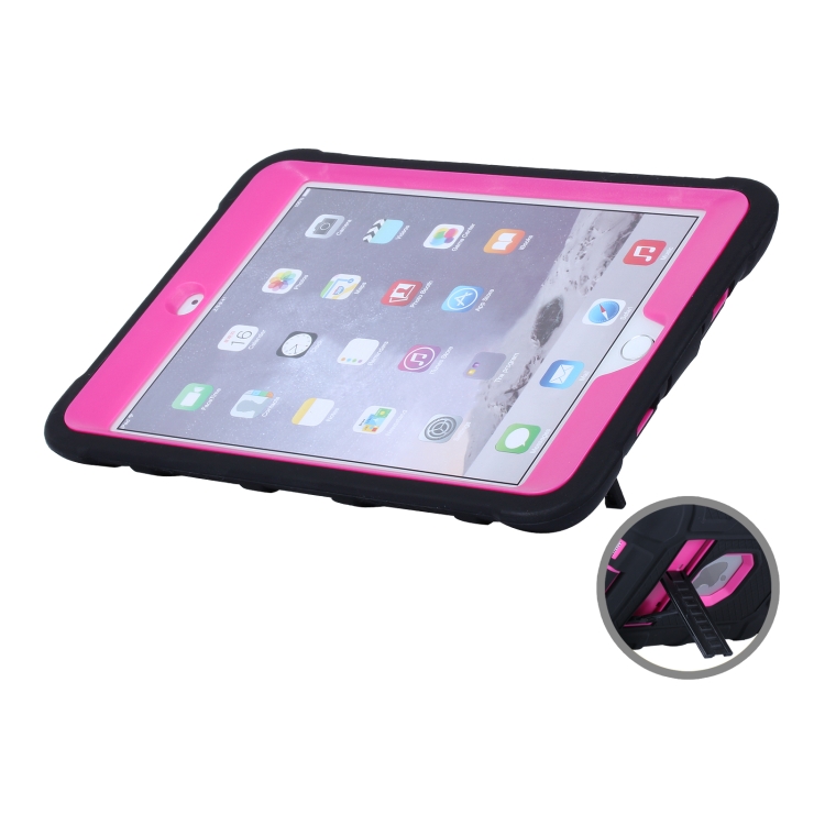 C5 Four Corners Shockproof Silicone + PC Protective Case with Holder For iPad mini 3 / 2 / 1(Black + Rose Red) C5 Four Corners Shockproof Silicone + PC Protective Case with Holder For iPad mini 3 / 2 / 1(Black + Rose Red)