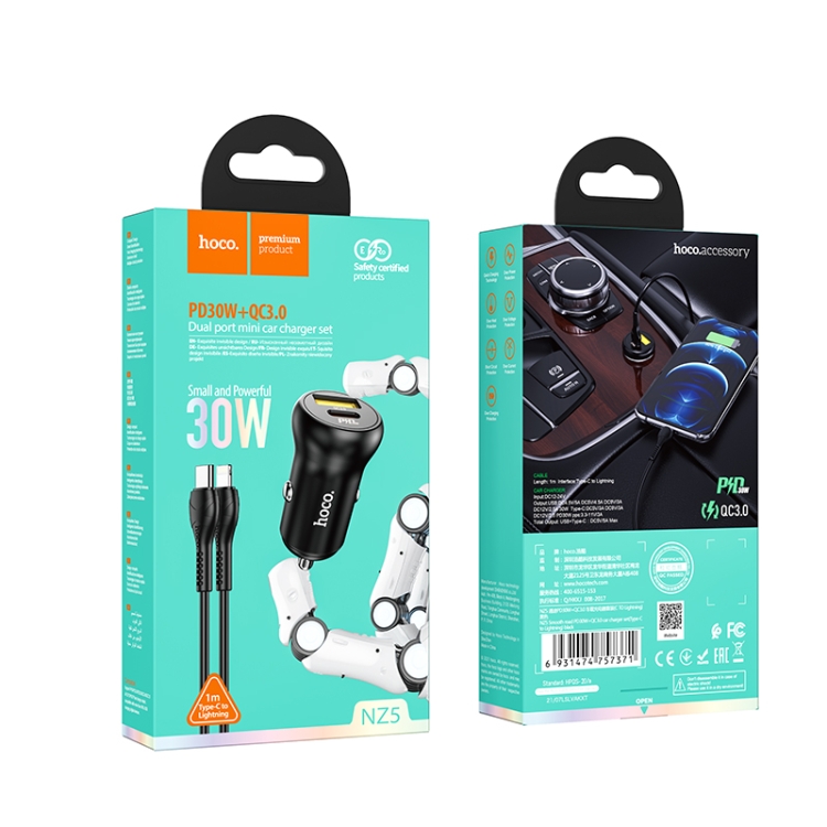 hoco NZ5 PD 30W Type-C / USB-C + QC 3.0 USB Car Charger with Type-C / USB-C to 8 Pin Data Cable(Black) hoco NZ5 PD 30W Type-C / USB-C + QC 3.0 USB Car Charger with Type-C / USB-C to 8 Pin Data Cable(Black)