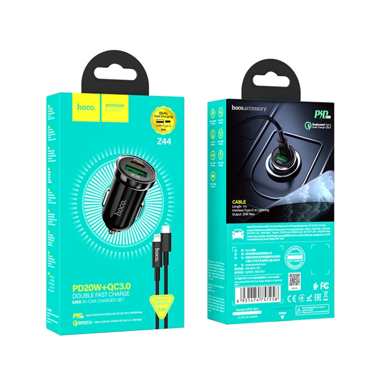 hoco Z44 Leading PD 20W USB-C / Type-C + QC 3.0 USB Car Charger with USB-C / Type-C to 8 Pin Data Cable Set(Black) hoco Z44 Leading PD 20W USB-C / Type-C + QC 3.0 USB Car Charger with USB-C / Type-C to 8 Pin Data Cable Set(Black)