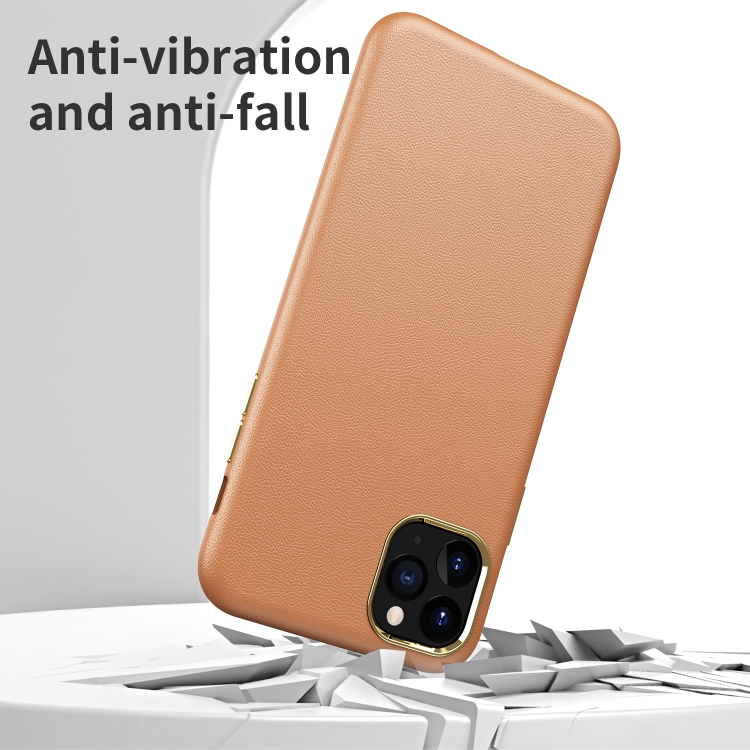 Electroplating Leather Texture PC + TPU Shockproof Case For iPhone 11 Pro(Yellow Brown)