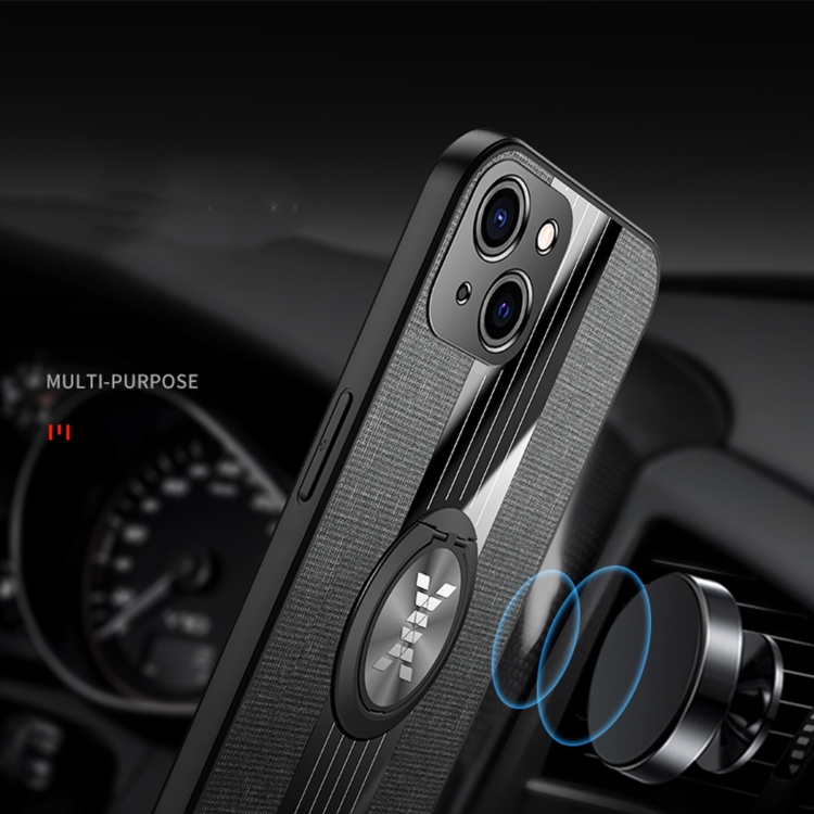 For iPhone 13 mini XINLI Stitching Cloth Textue Shockproof TPU Protective Case with Ring Holder (Black)