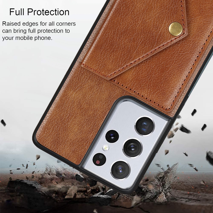 For Samsung Galaxy S21 Ultra 5G Litchi Texture Silicone + PC + PU Leather Back Cover Shockproof Case with Card Slot(Brown) For Samsung Galaxy S21 Ultra 5G Litchi Texture Silicone + PC + PU Leather Back Cover Shockproof Case with Card Slot(Brown)