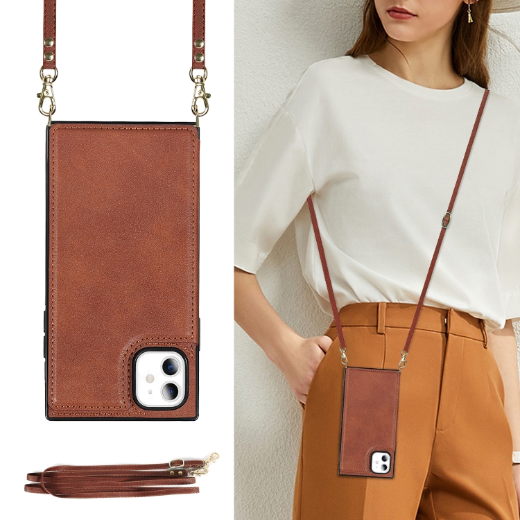 Fur iPhone 11 Cross Body Square Double Buckle Flip Card Bag TPU PU Case mit Card Slots Wallet Photo Strap Braun