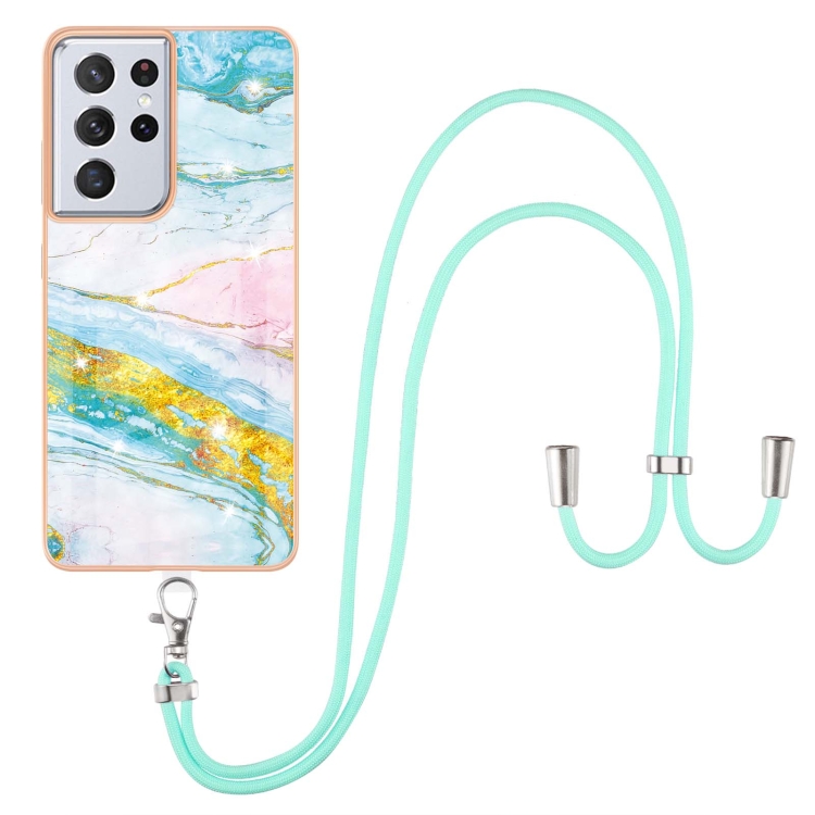 For Samsung Galaxy S21 Ultra 5G Electroplating Marble Pattern IMD TPU Shockproof Case with Neck Lanyard(Green 004) For Samsung Galaxy S21 Ultra 5G Electroplating Marble Pattern IMD TPU Shockproof Case with Neck Lanyard(Green 004)