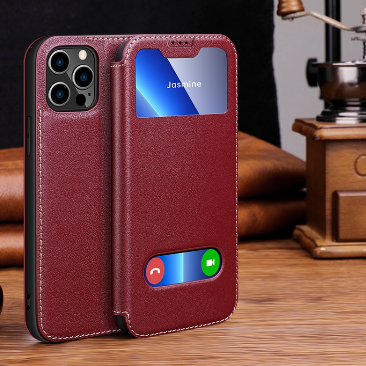 For iPhone 13 Pro Yak Texture Horizontal Flip View Time Top Layer Cowhide Leather Case with Holder & Call Display ID (Wine Red) For iPhone 13 Pro Yak Texture Horizontal Flip View Time Top Layer Cowhide Leather Case with Holder & Call Display ID (Wine Red)