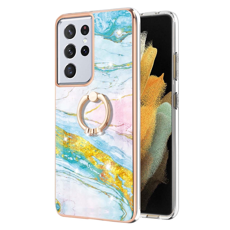 For Samsung Galaxy S21 Ultra 5G Electroplating Marble Pattern IMD TPU Shockproof Case with Ring Holder(Green 004)