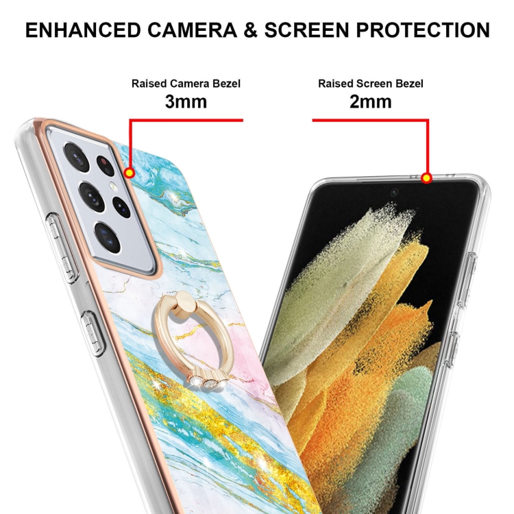 For Samsung Galaxy S21 Ultra 5G Electroplating Marble Pattern IMD TPU Shockproof Case with Ring Holder(Green 004)