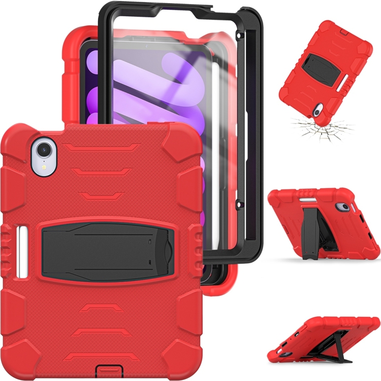 For iPad mini 6 / mini 2024 Tri-Layer Protection Screen Frame Heavy Duty PC Hybrid Silicone Case with Holder(Red+Black) For iPad mini 6 / mini 2024 Tri-Layer Protection Screen Frame Heavy Duty PC Hybrid Silicone Case with Holder(Red+Black)