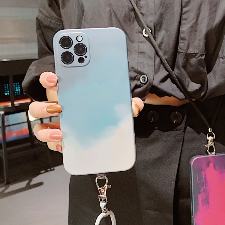 For iPhone 12 Watercolor TPU Shockproof Phone Case with Neck Lanyard(Cyan Green) For iPhone 12 Watercolor TPU Shockproof Phone Case with Neck Lanyard(Cyan Green)