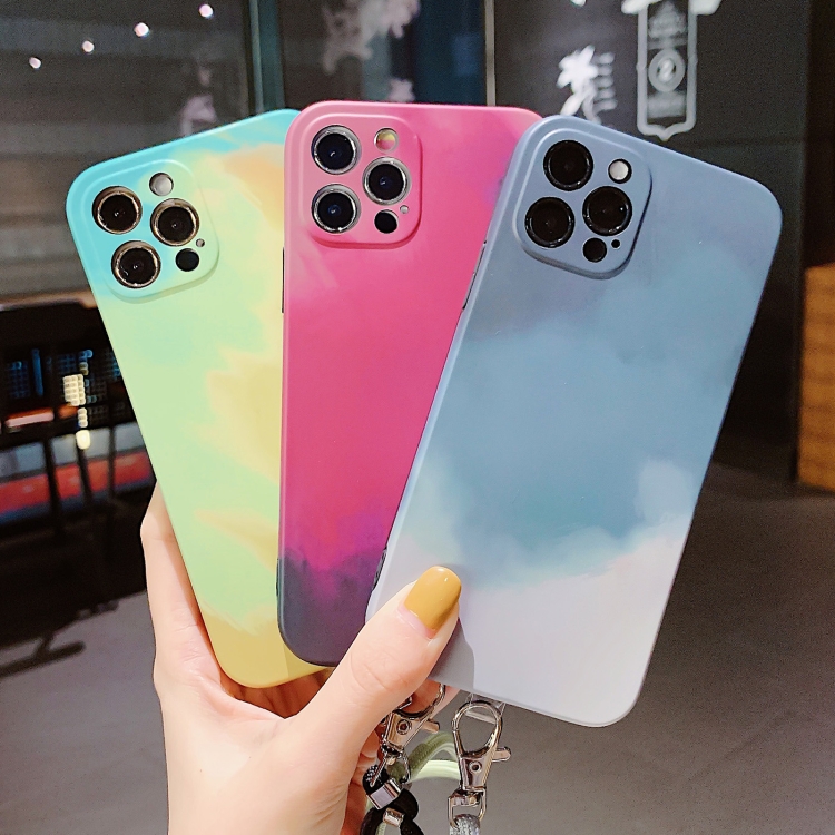 For iPhone 12 Watercolor TPU Shockproof Phone Case with Neck Lanyard(Cyan Green) For iPhone 12 Watercolor TPU Shockproof Phone Case with Neck Lanyard(Cyan Green)