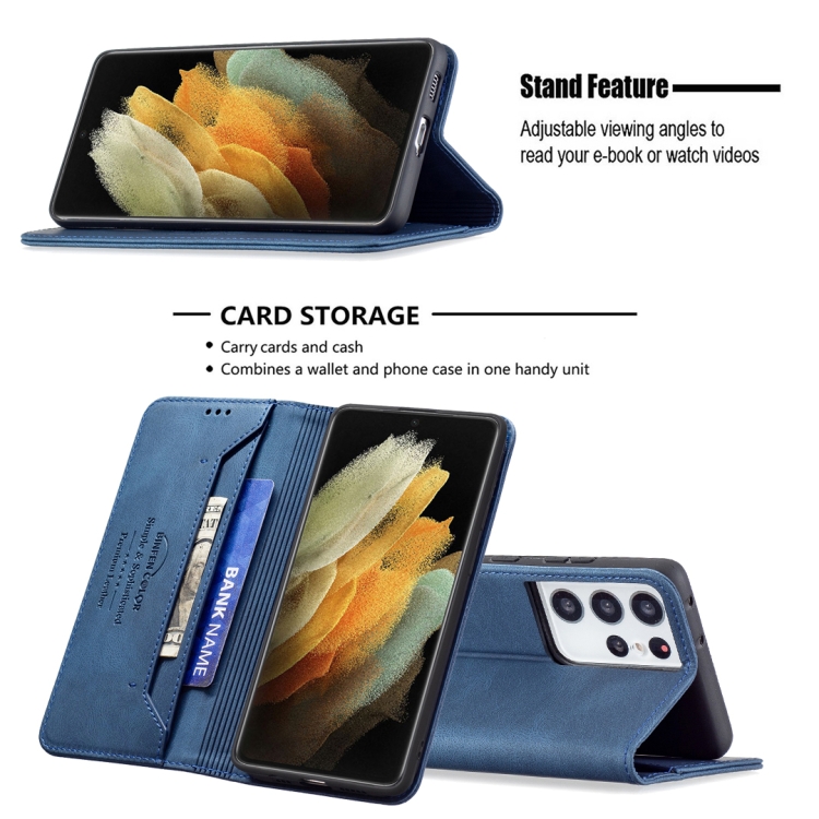 For Samsung Galaxy S21 Ultra 5G Magnetic RFID Blocking Anti-Theft Leather Case with Holder & Card Slots & Wallet(Blue)