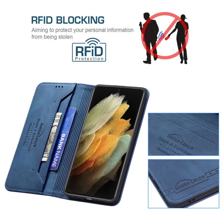 For Samsung Galaxy S21 Ultra 5G Magnetic RFID Blocking Anti-Theft Leather Case with Holder & Card Slots & Wallet(Blue)