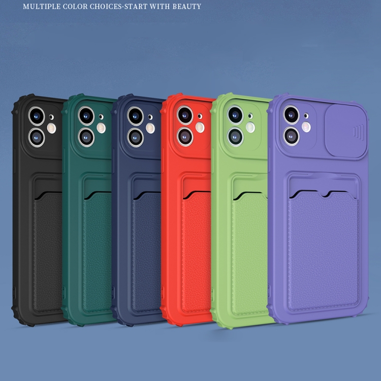 For iPhone 12 Pro Max Sliding Camera Cover TPU Shockproof Case with Card Slot(Purple)