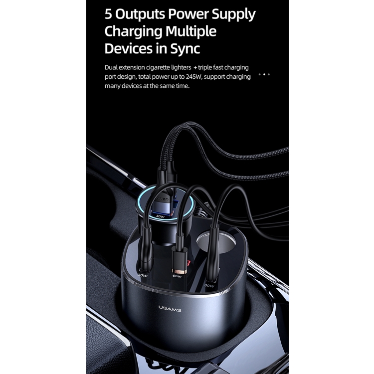 USAMS CC151 C28 245W Dual USB + Type-C / USB-C Dual Cigarette Lighter Digital Display Fast Charging Car Charger(Grey) USAMS CC151 C28 245W Dual USB + Type-C / USB-C Dual Cigarette Lighter Digital Display Fast Charging Car Charger(Grey)