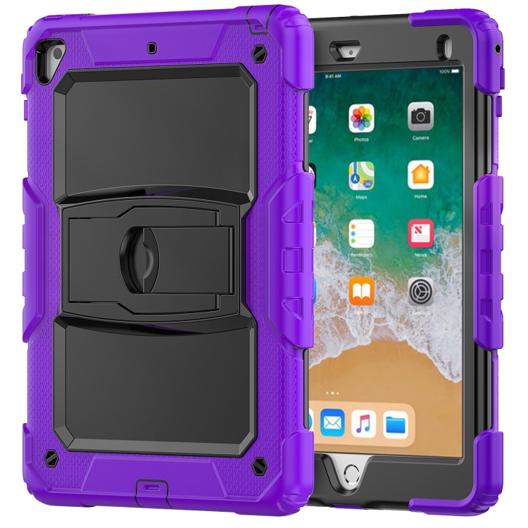 Shockproof Colorful Silicone + Black PC Tablet Protective Case with Holder & Shoulder Strap For iPad 9.7 2018 / 2017(Purple) Shockproof Colorful Silicone + Black PC Tablet Protective Case with Holder & Shoulder Strap For iPad 9.7 2018 / 2017(Purple)