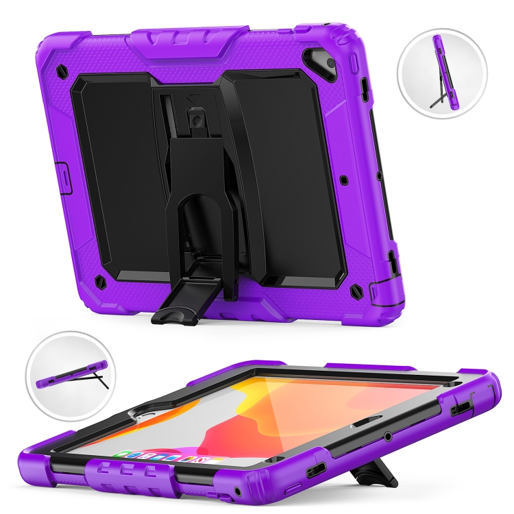 Shockproof Colorful Silicone + Black PC Tablet Protective Case with Holder & Shoulder Strap For iPad 9.7 2018 / 2017(Purple) Shockproof Colorful Silicone + Black PC Tablet Protective Case with Holder & Shoulder Strap For iPad 9.7 2018 / 2017(Purple)