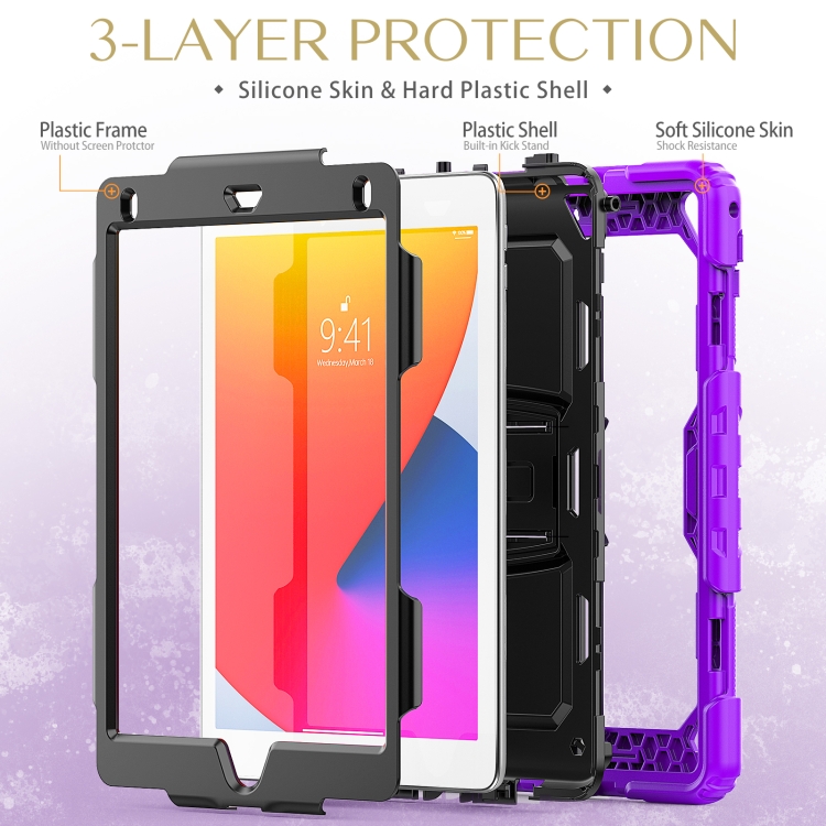 Shockproof Colorful Silicone + Black PC Tablet Protective Case with Holder & Shoulder Strap For iPad 9.7 2018 / 2017(Purple) Shockproof Colorful Silicone + Black PC Tablet Protective Case with Holder & Shoulder Strap For iPad 9.7 2018 / 2017(Purple)