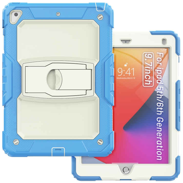 Shockproof Colorful Silicone + Beige PC Tablet Protective Case with Holder & Shoulder Strap For iPad 9.7 2018 / 2017(Blue) Shockproof Colorful Silicone + Beige PC Tablet Protective Case with Holder & Shoulder Strap For iPad 9.7 2018 / 2017(Blue)