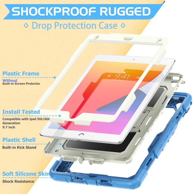 Shockproof Colorful Silicone + Beige PC Tablet Protective Case with Holder & Shoulder Strap For iPad 9.7 2018 / 2017(Blue) Shockproof Colorful Silicone + Beige PC Tablet Protective Case with Holder & Shoulder Strap For iPad 9.7 2018 / 2017(Blue)