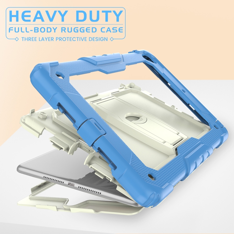 Shockproof Colorful Silicone + Beige PC Tablet Protective Case with Holder & Shoulder Strap For iPad 9.7 2018 / 2017(Blue) Shockproof Colorful Silicone + Beige PC Tablet Protective Case with Holder & Shoulder Strap For iPad 9.7 2018 / 2017(Blue)
