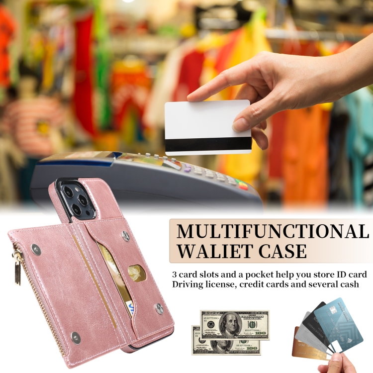 拉鏈錢包手機殼 PU后殼帶支架&卡槽&錢夾 適用於 iPhone 13 Pro Max(粉色) - 4
