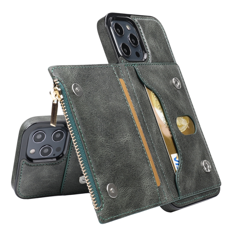 For iPhone 13 Pro Max Zipper Wallet Bag PU Back Cover Shockrpoof Phone Case with Holder & Card Slots & Wallet (Green) For iPhone 13 Pro Max Zipper Wallet Bag PU Back Cover Shockrpoof Phone Case with Holder & Card Slots & Wallet (Green)