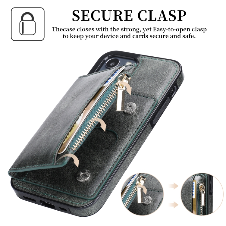 For iPhone 13 Pro Max Zipper Wallet Bag PU Back Cover Shockrpoof Phone Case with Holder & Card Slots & Wallet (Green) For iPhone 13 Pro Max Zipper Wallet Bag PU Back Cover Shockrpoof Phone Case with Holder & Card Slots & Wallet (Green)