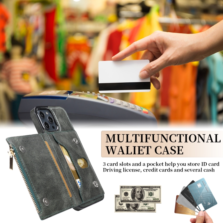 For iPhone 13 Pro Max Zipper Wallet Bag PU Back Cover Shockrpoof Phone Case with Holder & Card Slots & Wallet (Green) For iPhone 13 Pro Max Zipper Wallet Bag PU Back Cover Shockrpoof Phone Case with Holder & Card Slots & Wallet (Green)