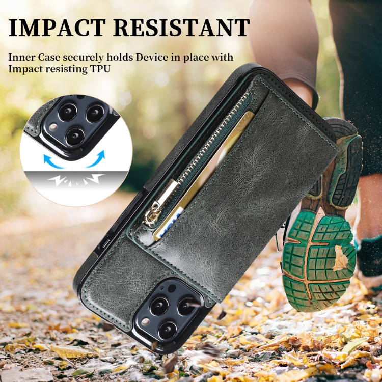 For iPhone 13 Pro Max Zipper Wallet Bag PU Back Cover Shockrpoof Phone Case with Holder & Card Slots & Wallet (Green) For iPhone 13 Pro Max Zipper Wallet Bag PU Back Cover Shockrpoof Phone Case with Holder & Card Slots & Wallet (Green)