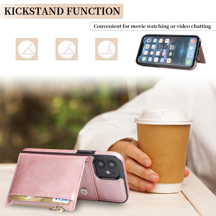 For iPhone 12 mini Zipper Wallet Bag PU Back Cover Shockrpoof Phone Case with Holder & Card Slots & Wallet (Pink) For iPhone 12 mini Zipper Wallet Bag PU Back Cover Shockrpoof Phone Case with Holder & Card Slots & Wallet (Pink)